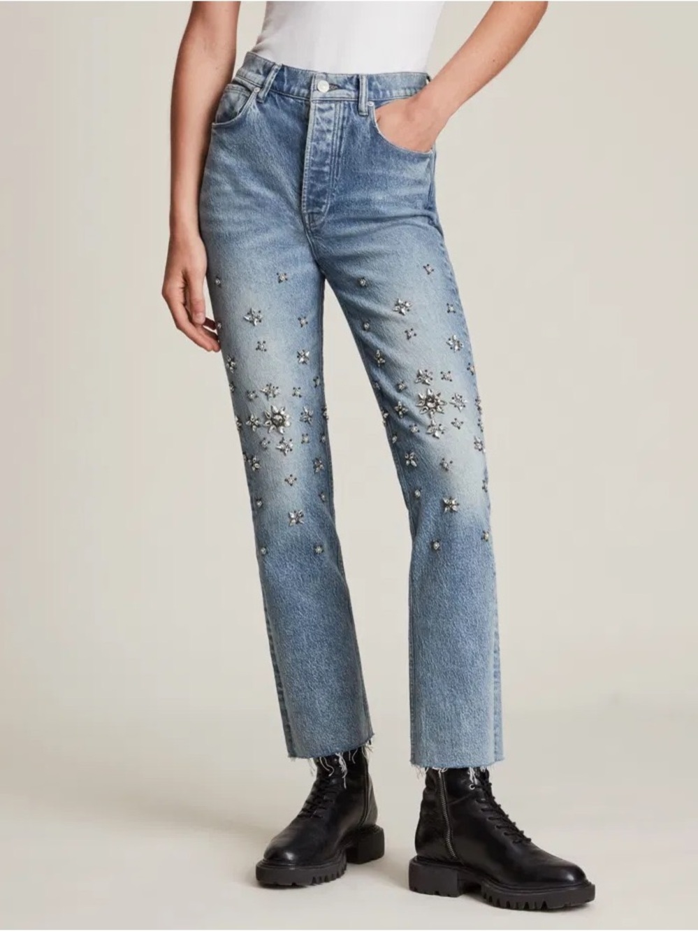 All Saints Light Blue Jeweled Straight-Leg Jeans
